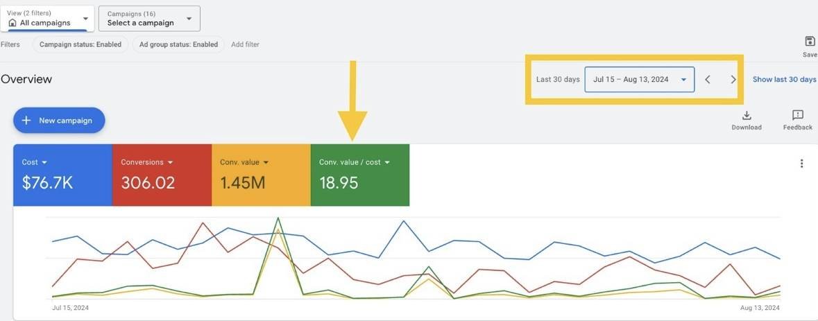 Google Ads overview across sixteen campaigns for 15 July to 13 August 2024, showing cost of $76.7K, 306.02 conversions, $1.45M conversion value and 18.95 conversion value per cost